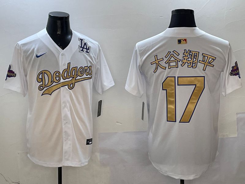 Men Los Angeles Dodgers #17 Ohtani White Champion gold character 2025 Nike MLB Jersey style 15->houston astros->MLB Jersey